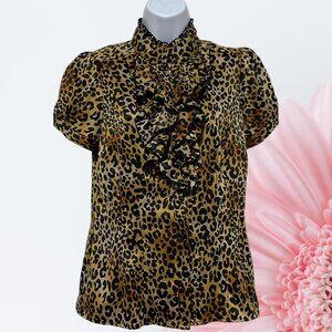 Worthington-Women's Small Button Top Ruffle Short Sleeve Animal Print